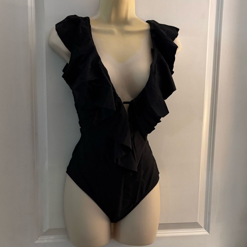 Sporlike Black Ruffled One Piece Swimsuit Sz Small - Picture 2 of 4